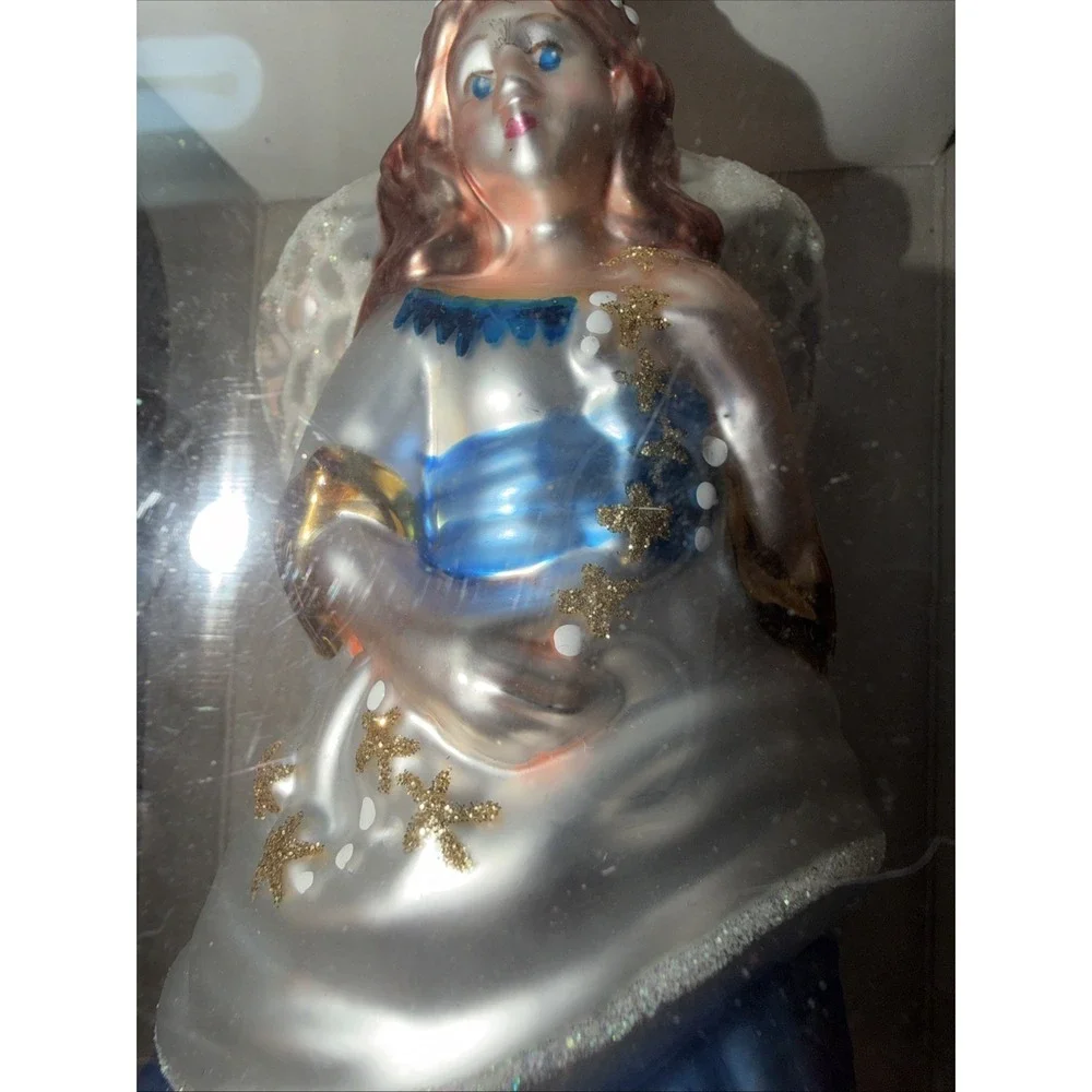 Vtg Brass Key Christmas Treasures Glass Angel Ornament Blue Gown Classic 2000